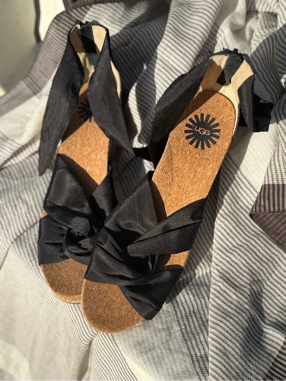 UGG Black Satin Ribbon Wedge Sandals